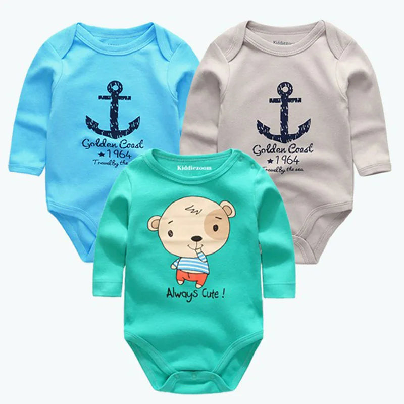 Kit 3 Body Bebê Algodão Manga Longa com Estampa Fofa