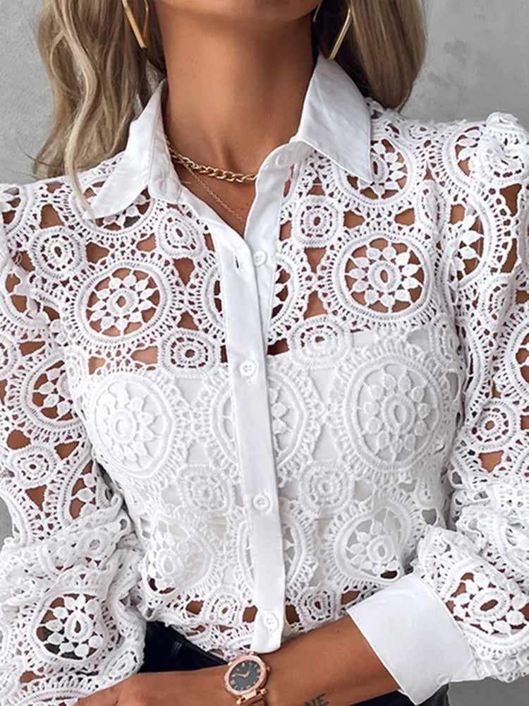 Blusa de Renda Feminina com Gola Clássica
