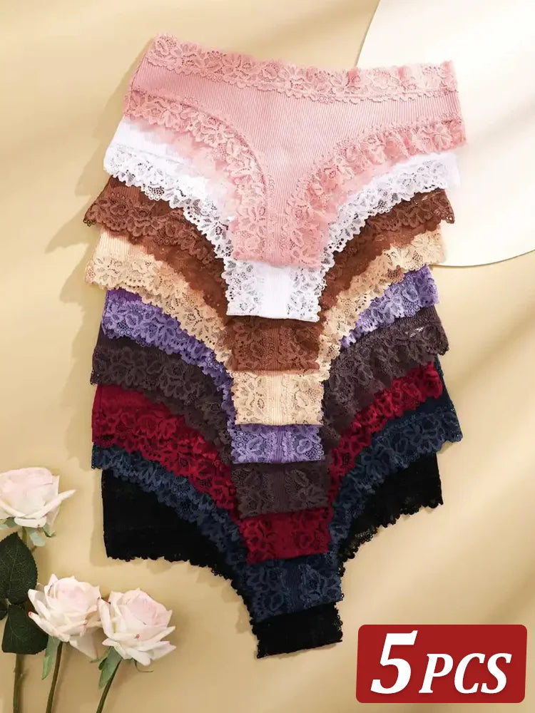 Kit 05 Calcinhas Femininas em Algodão com Renda Floral (COMPRE 01 E LEVE 2)