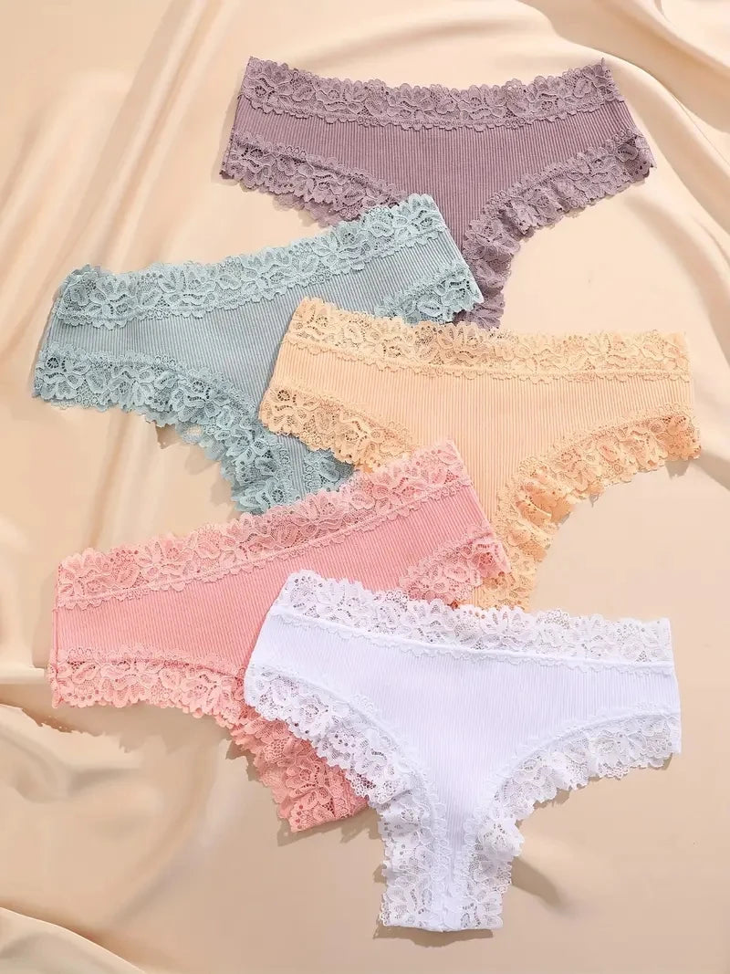 Kit 05 Calcinhas Femininas em Algodão com Renda Floral (COMPRE 01 E LEVE 2)