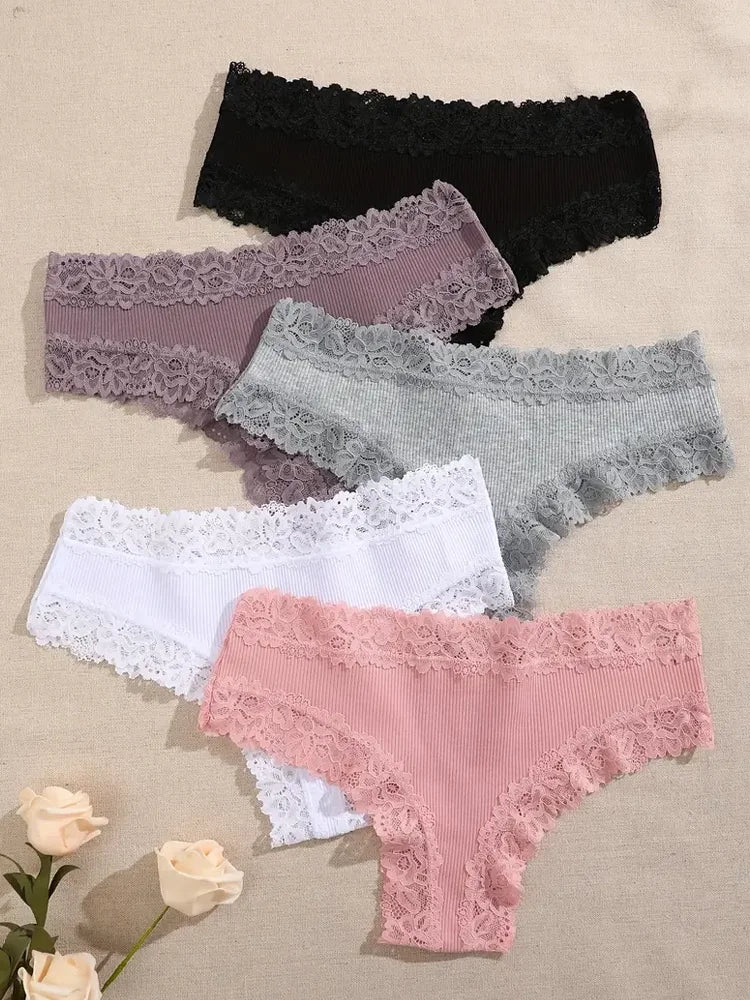 Kit 05 Calcinhas Femininas em Algodão com Renda Floral (COMPRE 01 E LEVE 2)